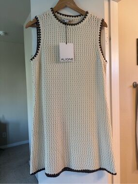 Align Sleeveless Cream Crochet Shift Dress with Brown Trim